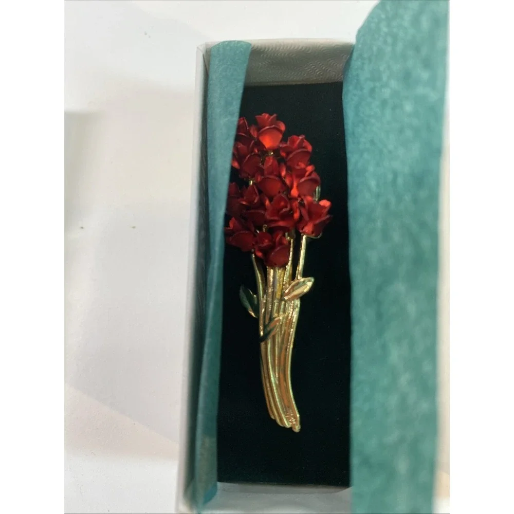Gold Tone Metal Red Roses Flowers Bouquet Brooch Pins New~set Of Two Vtg Mothers